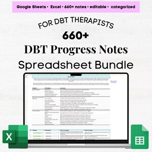 Può includere: Un laptop che mostra un foglio di calcolo intitolato "DBT Progress Notes Spreadsheet Bundle" per i terapisti DBT. Lo schermo mostra una tabella dettagliata con categorie e descrizioni. L'immagine include il testo "Google Sheets • Excel • 660+ notes • editable • categorized".