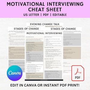 May include: A printable motivational interviewing cheat sheet with the stages of change, motivational interviewing techniques, and evoking change talk. The cheat sheet is in a light blue and white color scheme with a pink header and footer. The text "EDIT IN CANVA OR INSTANT PDF PRINT!" is at the bottom of the sheet.