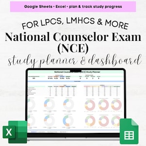 Może przedstawiać: Ekran laptopa wyświetlający arkusz kalkulacyjny z planem nauki i pulpitem nawigacyjnym dla National Counselor Exam (NCE). Arkusz kalkulacyjny zawiera wykresy, diagramy i dane związane z przygotowaniem do egzaminu. Arkusz kalkulacyjny nosi tytuł "National Counselor Exam (NCE) Study Planner".