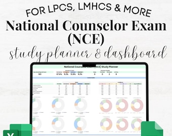 May include: A laptop computer screen displaying a spreadsheet with a study planner and dashboard for the National Counselor Exam (NCE). The spreadsheet includes charts, graphs, and data related to exam preparation. The spreadsheet is titled "National Counselor Exam (NCE) Study Planner".