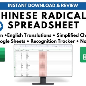 May include: A digital image of a computer screen displaying a Google Sheets spreadsheet with the text "Chinese Radicals 214 Spreadsheet". The spreadsheet contains columns for character, pinyin, English translation, simplified Chinese, and notes. The image also includes a green Google Sheets icon and a green Excel icon.