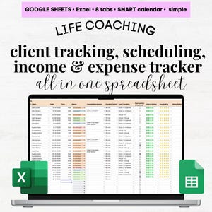 May include: A laptop computer displaying a spreadsheet with the title "LIFE COACHING client tracking, scheduling, income & expense tracker all in one spreadsheet". The spreadsheet is organized into columns with headings such as "Client", "Date", "Time", "Status", "Consultation Reason", "Duration (mins)", "Type", "Location", "Next Meeting", "Client's Rating", "Your Rating", "Notes/Other". The spreadsheet is designed for life coaches to track their clients, schedule appointments, and manage their income and expenses.