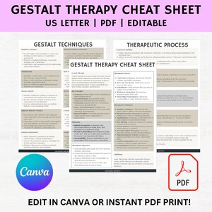 Könnte beinhalten: Ein Gestalttherapie-Spickzettel im US-Letter-Format, als PDF verfügbar und in Canva bearbeitbar. Das Dokument enthält Abschnitte zu Gestalttechniken und dem therapeutischen Prozess, mit Canva-Logo und PDF-Symbol.