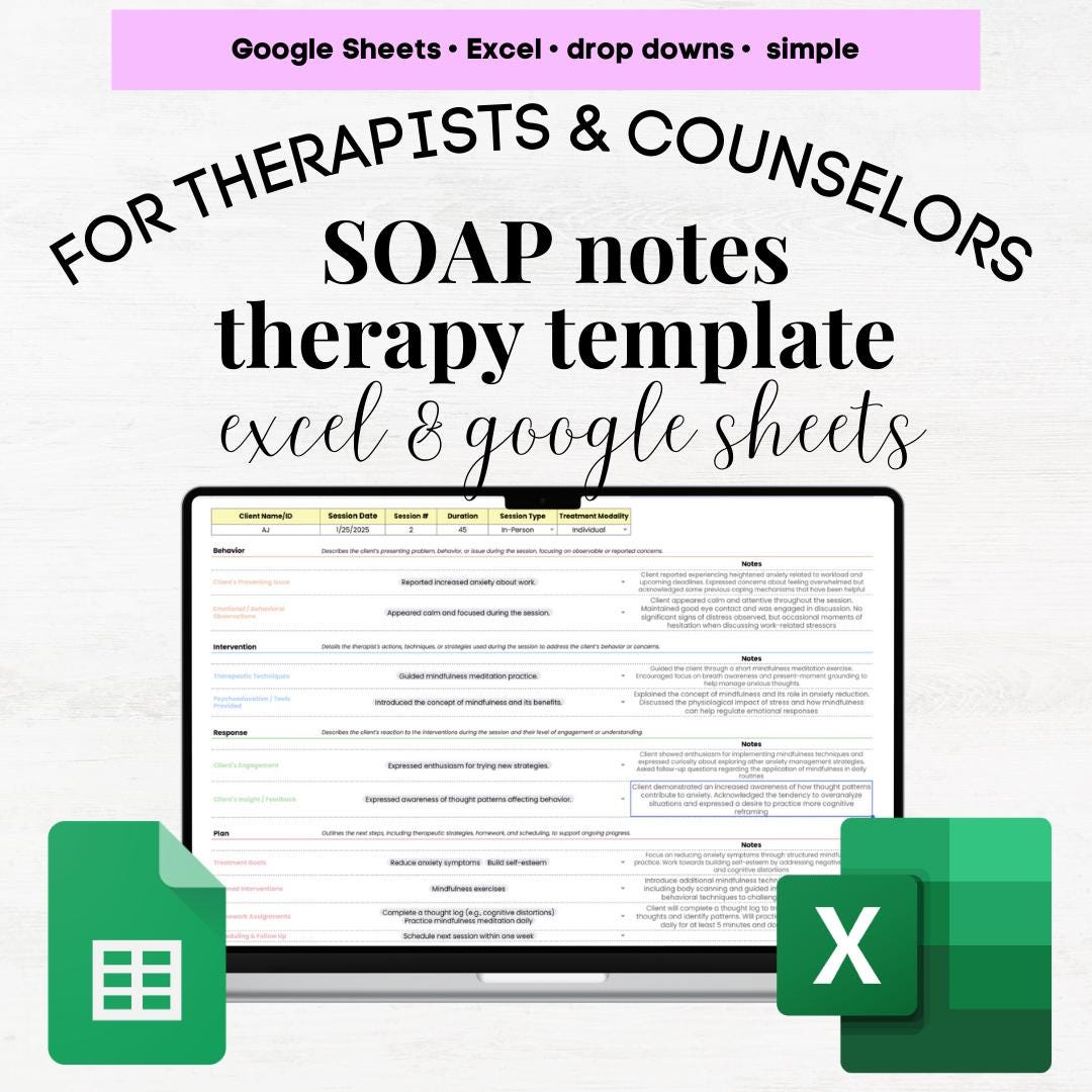 SOAP Notes Therapy Template, SOAP notes, SOAP therapy note, soap note, therapy note builder, soap notes counseling, therapy note spreadsheet