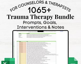 Paquete de terapia para el trauma, preguntas sobre el trauma, intervenciones para el trauma, herramientas para la terapia del trauma, paquete de terapia para el trauma, recursos de Excel para la terapia del trauma