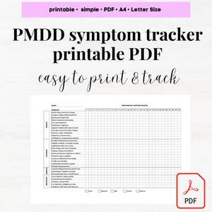 Op de afbeelding: Een printbare PDF-symptoomtracker voor premenstrueel dysforisch syndroom (PMDS). De tracker bevat een tabel met symptomen die zijn ingedeeld in categorieën zoals fysiek, emotioneel en cognitief. De tabel heeft kolommen voor elke dag van de maand.