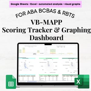 May include: A digital VB-MAPP scoring tracker and graphing dashboard displayed on a laptop screen, featuring automated analysis for Google Sheets and Excel. The interface includes bar charts, radar graphs, and data tables for ABA BCBAs and RBTs.