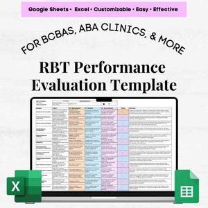 May include: A laptop screen displays an RBT Performance Evaluation Template. The text includes "Google Sheets, Excel, Customizable, Easy, Effective" and "FOR BCBAS, ABA CLINICS, & MORE." A green Excel icon and a green X icon are also visible.