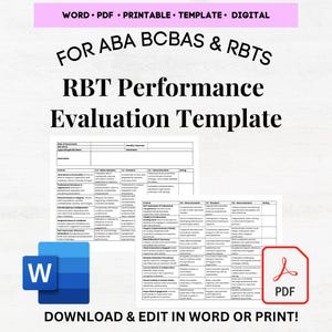 Op de afbeelding: Een digitale RBT Performance Evaluation Template voor ABA BCBAs en RBT's. De sjabloon is beschikbaar in Word- en PDF-formaten en is afdrukbaar. De afbeelding bevat de tekst "WORD PDF PRINTABLE TEMPLATE DIGITAL" en "DOWNLOAD & EDIT IN WORD OR PRINT!"