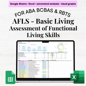 May include: A laptop showing a spreadsheet with charts and data, with the text "FOR ABA BCBAS & RBTS AFLS - Basic Living Assessment of Functional Living Skills." The image also includes the text "Google Sheets • Excel • automated analysis • visual graphs."