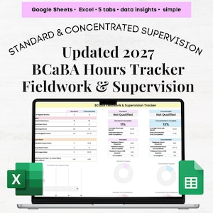 Puede incluir: Una computadora portátil muestra un BCABA Hours Tracker para trabajo de campo y supervisión. La pantalla muestra información de datos, con el texto "Updated 2027". Se incluyen iconos de Excel y Google Sheets. El texto superior dice "Google Sheets • Excel • 5 tabs • data insights • simple."