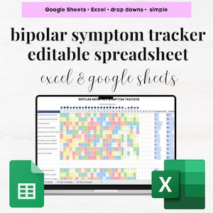 May include: A laptop computer screen displaying a spreadsheet titled "Bipolar Monthly Symptom Tracker". The spreadsheet is color-coded and includes a 30-day and 28-day template. The image also includes a green icon for Google Sheets and a green icon for Microsoft Excel.