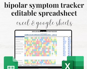 Bipolar Tracker Excel Spreadsheet Google Sheets Monthly Bipolar Symptoms Tracker Daily Tracker Bipolar Mood Planner Bipolar Disorder Yearly