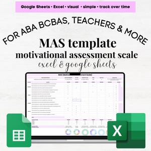May include: A laptop computer displaying a motivational assessment scale template in a spreadsheet format. The template is titled "MAS (Motivational Assessment Scale)" and is designed for use by ABA therapists, teachers, and other professionals. The template is available in both Excel and Google Sheets formats. The image also includes icons for Excel and Google Sheets.