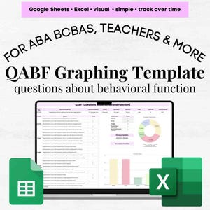 May include: A digital template for ABA BCBAs, teachers, and more, featuring a QABF graphing template. The image shows a laptop displaying a spreadsheet with charts and graphs, along with Google Sheets and Excel icons.
