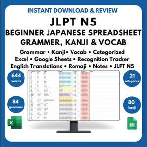 Anfänger Japanisch JLPT N5 Tabelle Wortschatz Kanji Grammatik Lerntracker Japanisch lernen Sprachübung Japanisch Japanisch lernen Excel