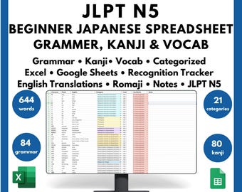 May include: A computer screen displaying a spreadsheet with Japanese grammar, kanji, and vocabulary. The spreadsheet is categorized and includes English translations, romaji, and notes. The spreadsheet is for the JLPT N5 level. The spreadsheet is available for instant download and review.