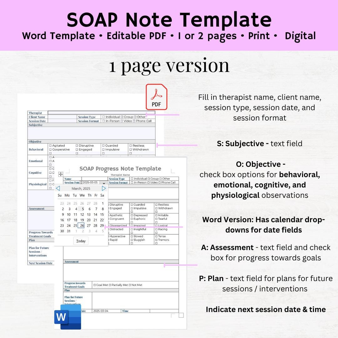 SOAP Note Therapy Editable PDF Template, Soap Notes Template, Digital ... image.