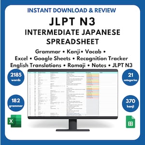 Intermediate Japanese JLPT N3 Spreadsheet Vocabulary Kanji Grammar Study Tracker Learn Japanese Language Practice Japanese Study Excel PDF