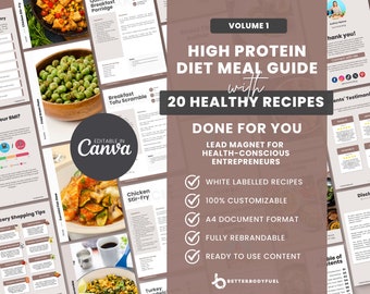 20 High Protein Recipes, Healthy Diet Eating Meal Guide, Re-brandable Digital Cookbook, Canva Editable & Printable Coaching eBook Template