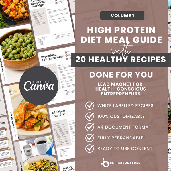 20 High Protein Recipes, Healthy Diet Eating Meal Guide, Re-brandable Digital Cookbook, Canva Editable & Printable Coaching eBook Template