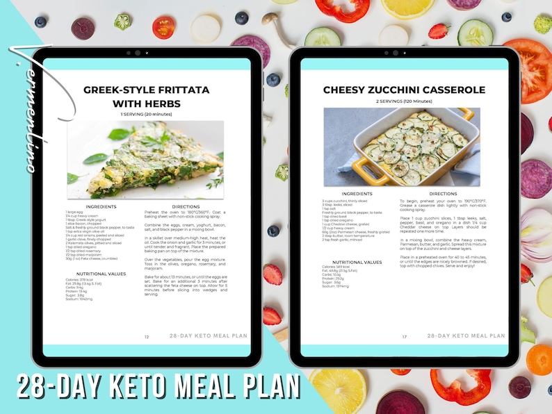 May include: A 28-day keto meal plan with two recipes: Greek-style frittata with herbs and cheesy zucchini casserole. The recipes include ingredients, directions, and nutritional values.