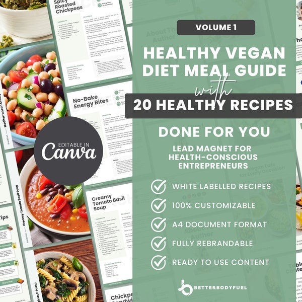 Vegan Recipes Diet Guide, Plant-Based Cookbook, Canva Editable & Printable Template, Go Vegan Coaching eBook, Eat Healthy With Veganism Food