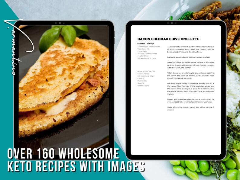 K&ouml;nnte beinhalten: Ein digitales Tablet zeigt ein Rezept f&uuml;r ein Bacon-Cheddar-Chive-Omelett. Das Rezept enth&auml;lt N&auml;hrwertangaben und Anweisungen zur Zubereitung des Gerichts. Das Bild zeigt auch eine Nahaufnahme eines gefalteten Omeletts mit geschmolzenem K&auml;se und Speck.
