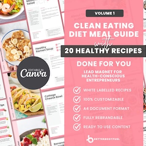 Clean Eating Diet Meal Guide, 20 Healthy Wholesome Recipes, Rebrandable Digital Cookbook, Canva Editable & Printable Coaching eBook Template