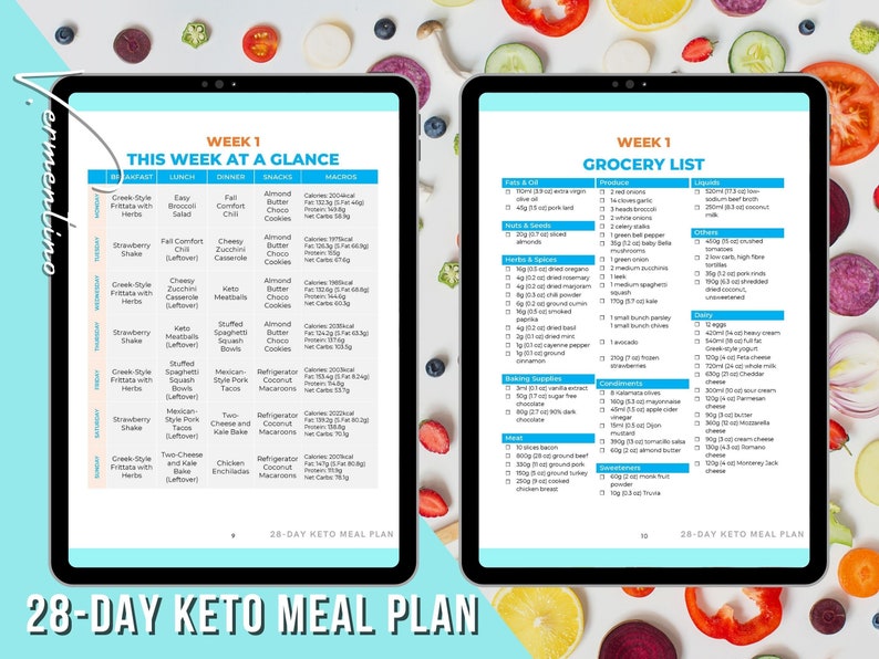 May include: A 28-day keto meal plan with a grocery list and a weekly meal plan. The meal plan includes breakfast, lunch, dinner, and snacks. The grocery list includes a variety of ingredients, including meat, vegetables, and dairy products.