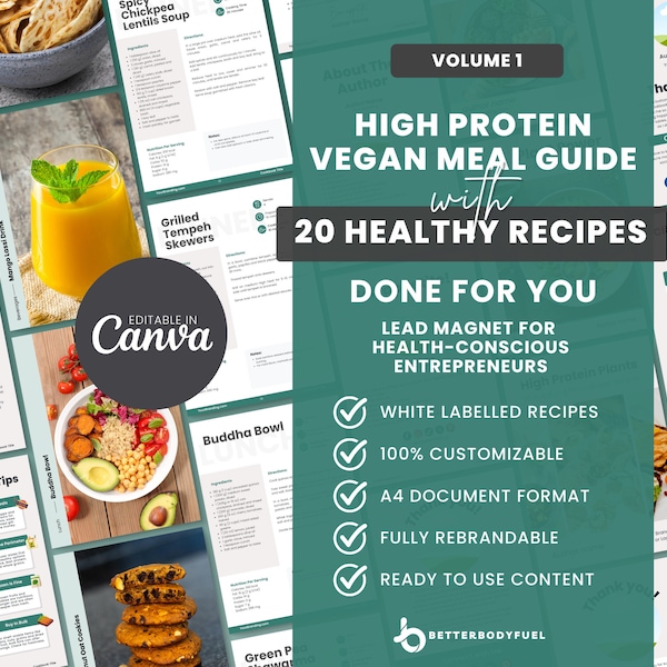 High Protein Vegan Recipes Diet Guide, Plant-Based Coaching Cookbook, Canva Editable & Printable Template, Eat Healthy With Veganism Food