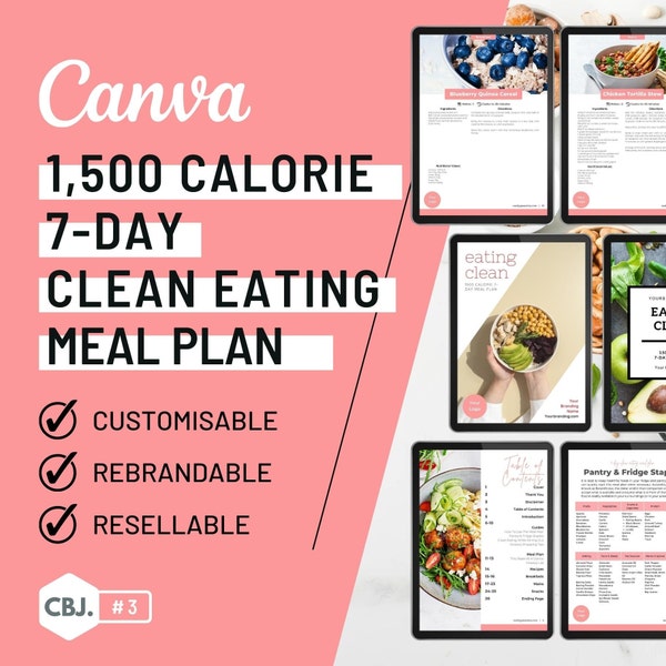 Plan de repas d'alimentation propre de 1 500 calories pendant 7 jours, recettes saines de perte de poids et de graisse, modèle Canva modifiable, aimant principal de coaching bien-être, V3