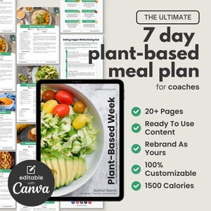 Puede incluir: Una tableta digital que muestra un plan de comidas a base de plantas de 7 días para entrenadores. El plan incluye más de 20 páginas de contenido listo para usar, es personalizable y proporciona 1500 calorías por día. La tableta está sobre un fondo blanco con un icono de marca de verificación verde junto a cada característica.
