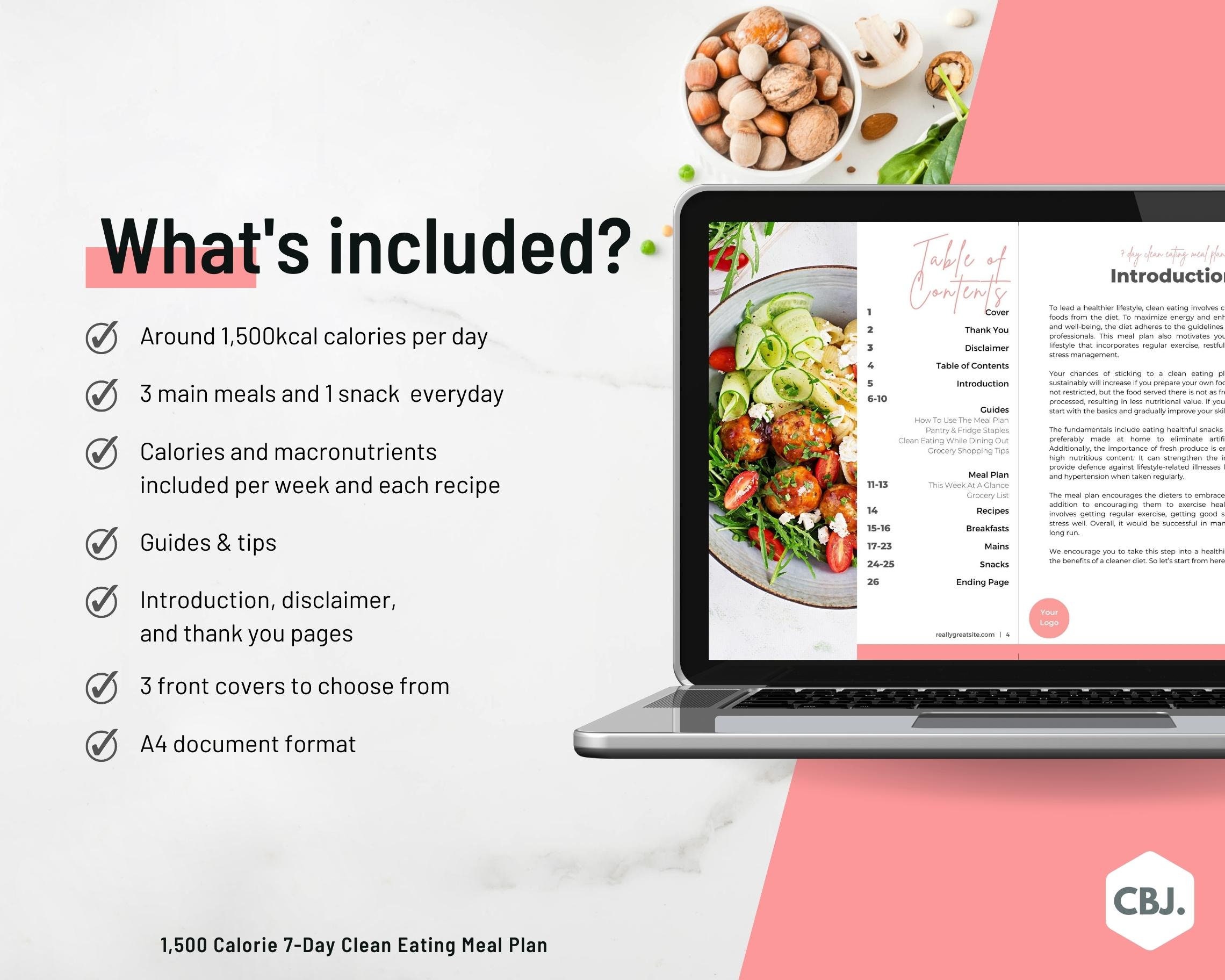 1500 Calorie Clean Eating Meal Plan for 7 Days, Healthy Weight &amp; Fat ...