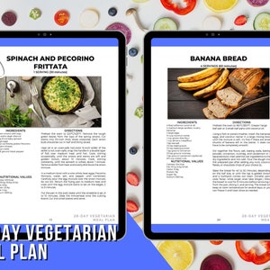 May include: Two digital tablets displaying recipes for a 28-day vegetarian meal plan. One tablet shows a spinach and pecorino frittata recipe, and the other shows a banana bread recipe. The tablets are surrounded by colorful fruits and vegetables.