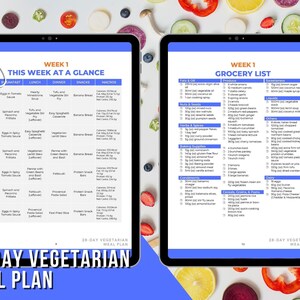 May include: Two digital tablets displaying a 28-Day Vegetarian Meal Plan. One tablet shows a weekly meal overview with breakfast, lunch, dinner, snacks, and macros. The other tablet lists grocery items, including produce, nuts, herbs, baking supplies, and dairy.