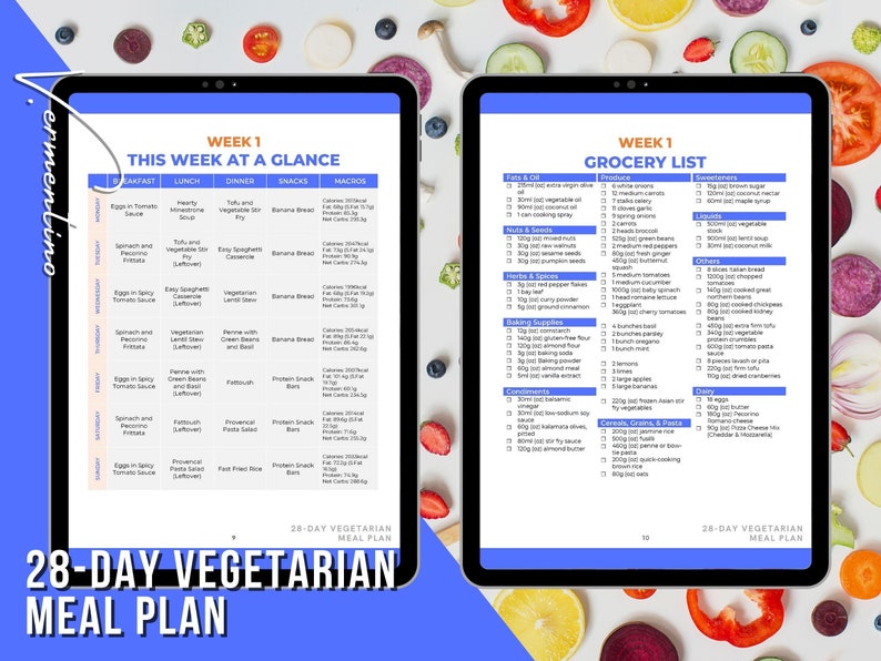 May include: Two digital tablets displaying a 28-Day Vegetarian Meal Plan. One tablet shows a weekly meal overview with breakfast, lunch, dinner, snacks, and macros. The other tablet lists grocery items, including produce, nuts, herbs, baking supplies, and dairy.