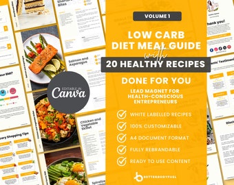 Low Carb Diet Meal Guide, 20 Healthy Wholesome Recipes, Rebrandable Digital Cookbook, Canva Editable & Printable Coaching eBook Template