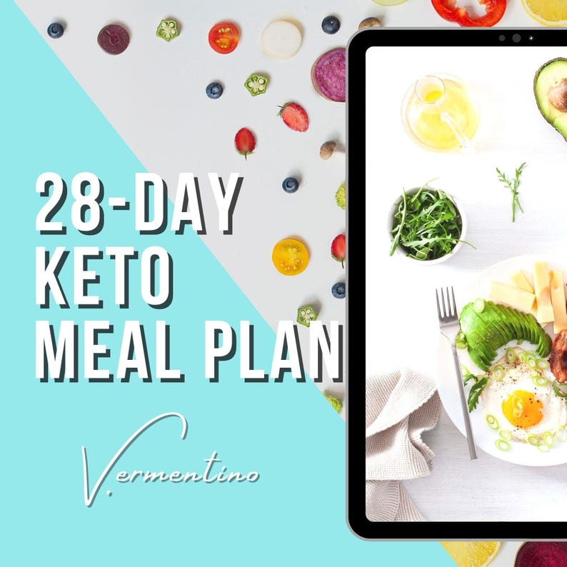 May include: A digital tablet displaying a 28-day keto meal plan with a photo of a plate of food. The food includes avocado, eggs, cheese, and greens. The text on the tablet reads "28-Day Keto Meal Plan" and "Vermentino".