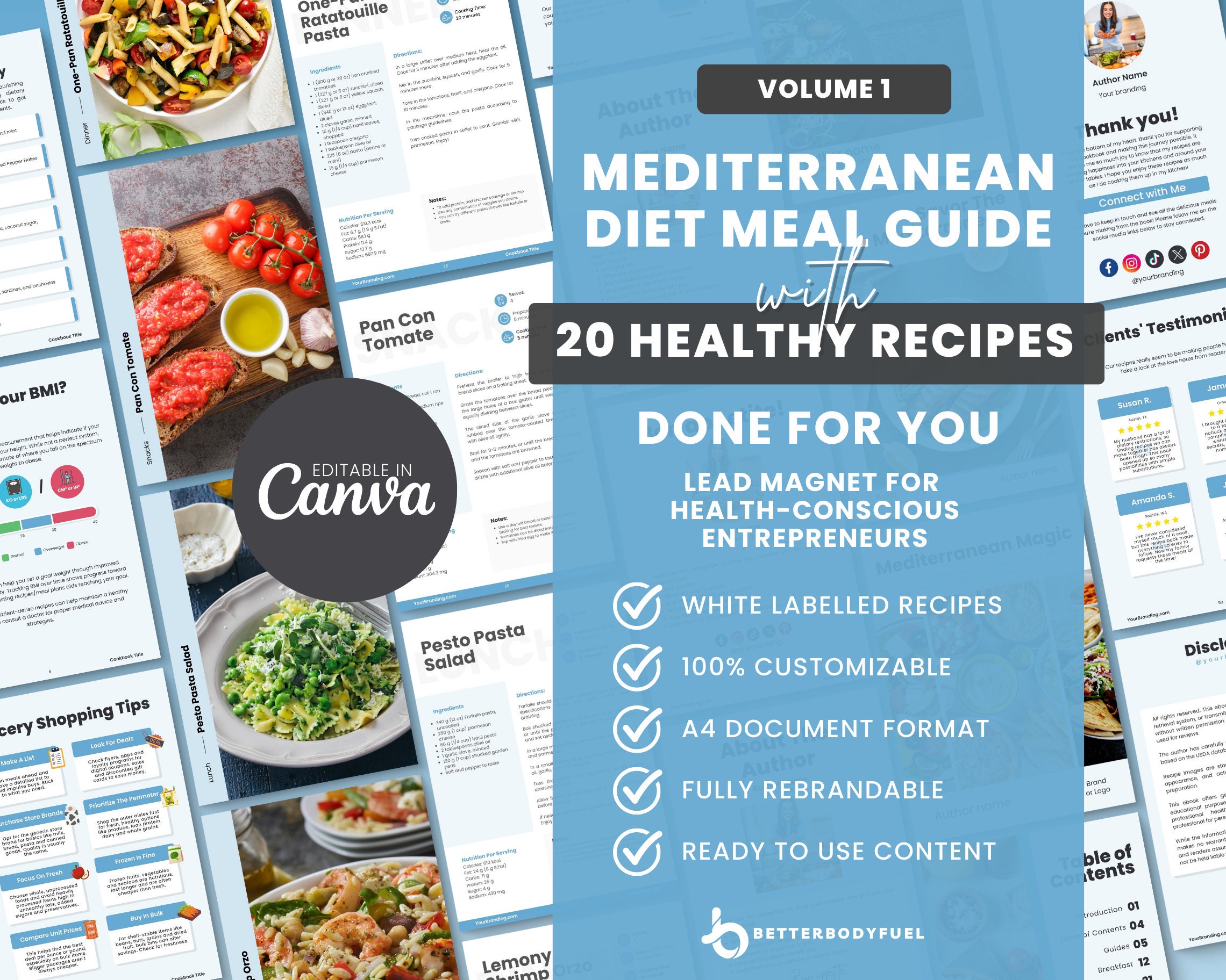 Mediterranean Diet Eating Meal Guide, Easy Healthy Recipes, Canva Editable & Printable Template, Done For Your Digital and Instant Download