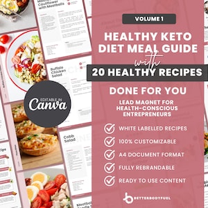 Guide ultime du régime Keto et livre électronique de recettes, modèle Canva modifiable, ressource de coaching imprimable avec 20 recettes Keto faciles pour les coachs de santé