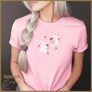 Strawberry Bunnys Shirt, Kawaii Bunny T-Shirt, Strawberry Kawaii Top, Harajuku Tee Yume Kawaii, Fairy Kei Clothes Soft, Pastel Goth Clothing