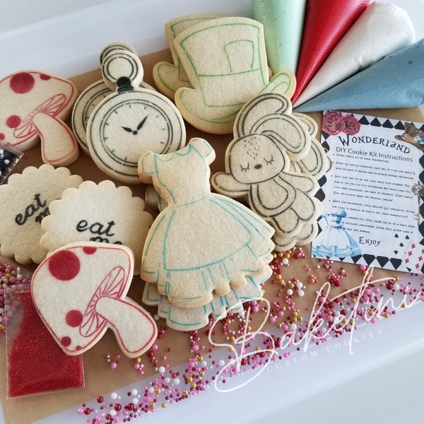 Alice in Wonderland DIY Cookie Kit | Decorate Your Own Cookies | Dress Mad Hatter Mushroom Watch White Rabbit | Kid Crafts Birthday Activity