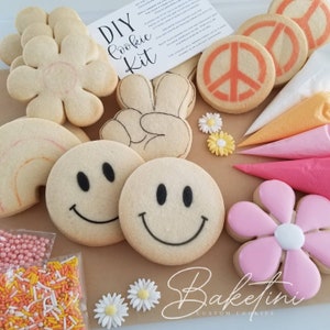 Groovy Daisy DIY Cookie Kit | Decorate Your Own | Retro Smiley Face Peace Sign Rainbow | Peach Yellow Icing Spinkles | Fun Activity for Kids