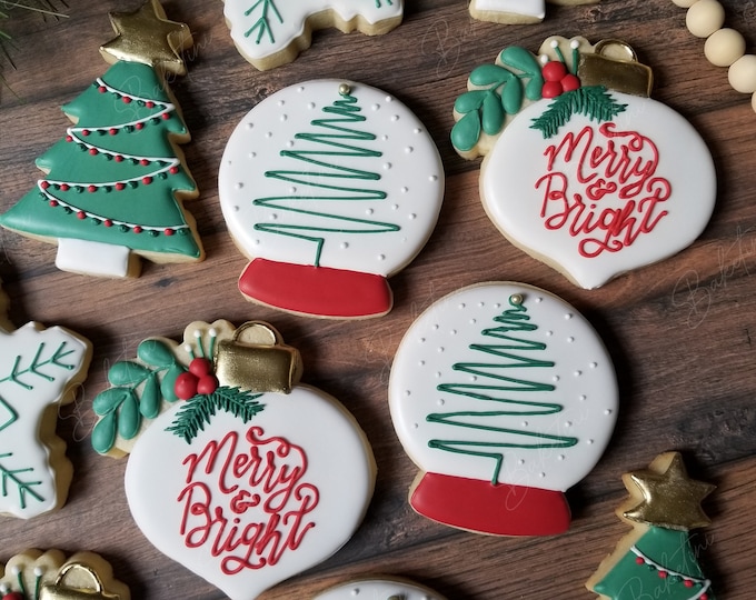 Merry & Bright Christmas Cookies 1 Dozen Tree Floral Ornament Snowglobe ...