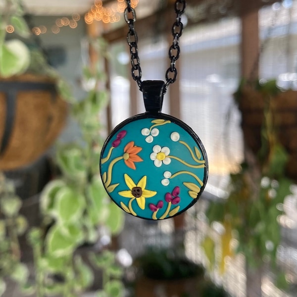 Wildflower Garden Floral - Clay Embroidery Pendant Necklace - Handmade - One of a Kind