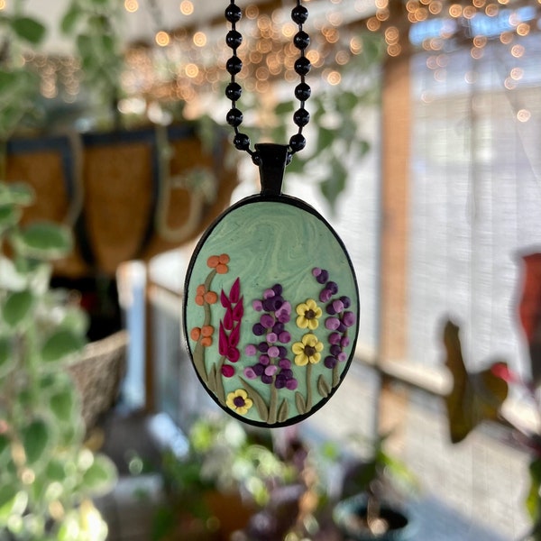 Clay Embroidery Wildflower Pendant Necklace - Boho Garden Floral - Handmade - One of a Kind