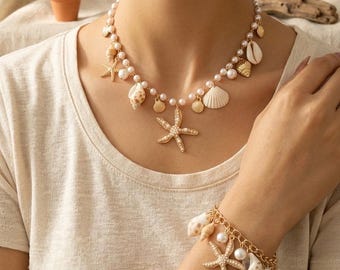 Star and Seashell Necklace & Starfish Boho Gold Plated Bracelet/Anklet Luxury 2pc Seashell and Starfish Bracelet and Necklace Set