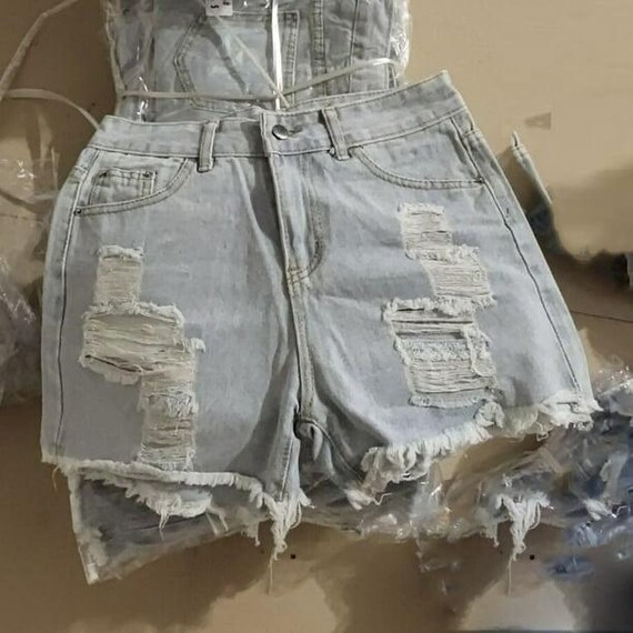 Patchwork Ruffled High Waisted Rolled Hem Distres… - image 1