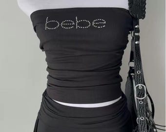 Top tubo negro Bebe, bonito top corto negro Bebe, top tubo BEBE Y2K con diamantes de imitación rosas